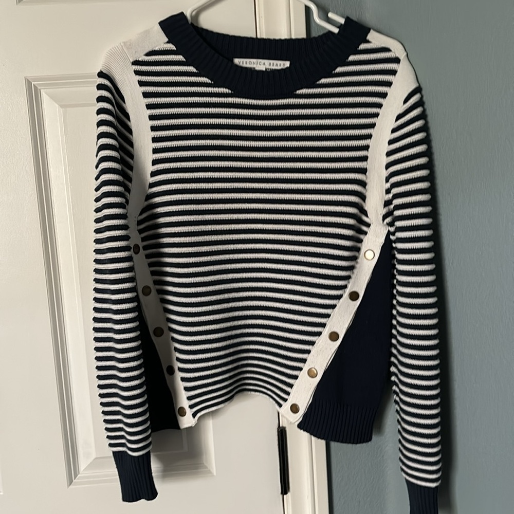 Veronica Beard Stripe Milou Ottoman Snap Mock Neck sweater. Sz Small - Picture 4 of 9